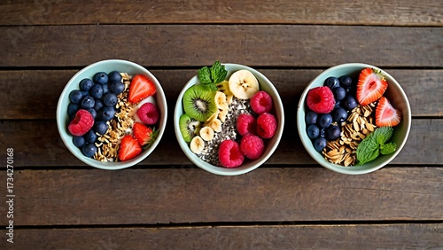 Healthy breakfast bowls with granola, yogurt and fresh fruits on rustic wooden table