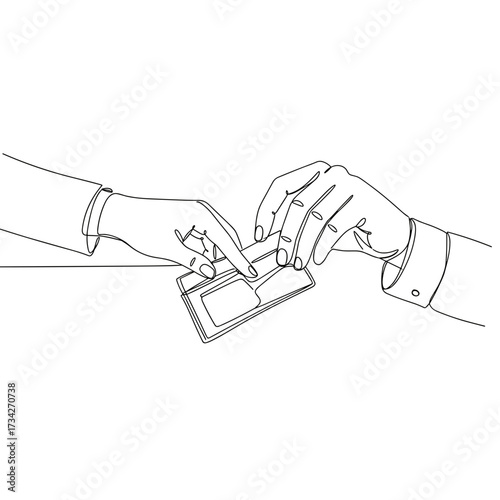 Hand transferring a card between two individuals in simple line art  