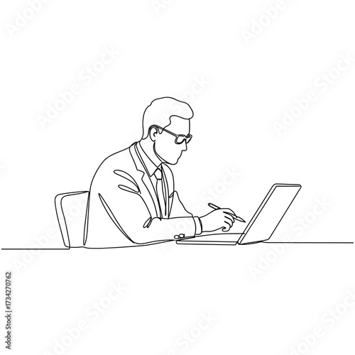 Man in suit working on laptop while taking notes in minimalist style  
