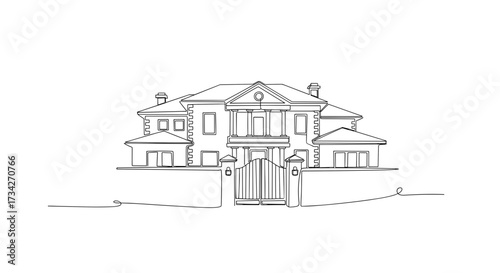 Mansion with gate sketched in minimalist style on white background  