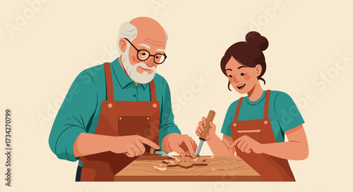 Elderly man teaching young woman to carve wood pattern at table  