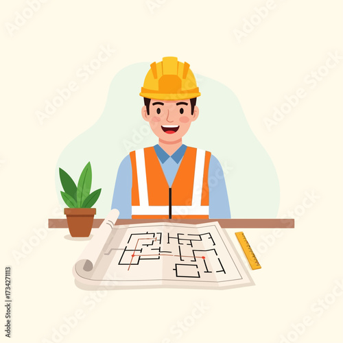 Vector art of smiling construction worker with blueprint