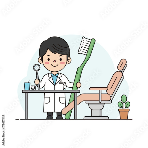 Vector art of dentist with toothbrush, dental chair, plant