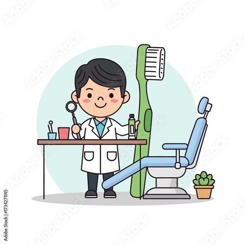 Vector art of cartoon dentist in uniform with dental equipment