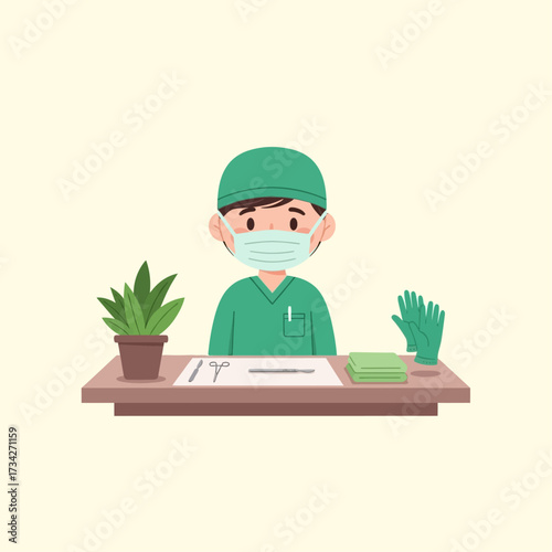 Vector art of cartoon surgeon in uniform with medical equipment