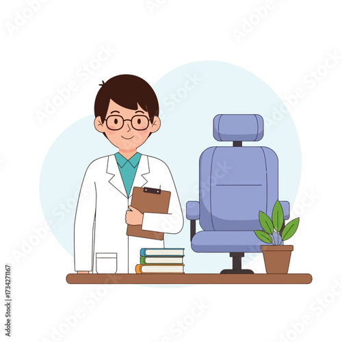 Vector art of cheerful optometrist holding clipboard