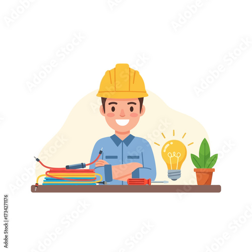 Vector art of cheerful electrician with tools and light bulb