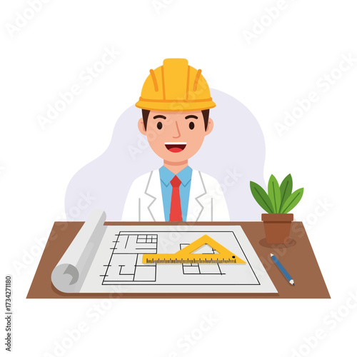 Vector art of architect with blueprint and tools