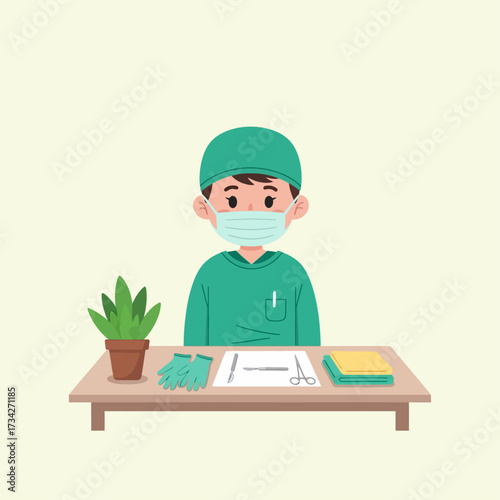 Vector art of cartoon surgeon in uniform with medical equipment