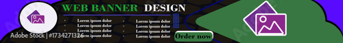 Modern web banner design template featuring image icons, call to action button and placeholder text for promotion on websites and digital marketing campaigns.