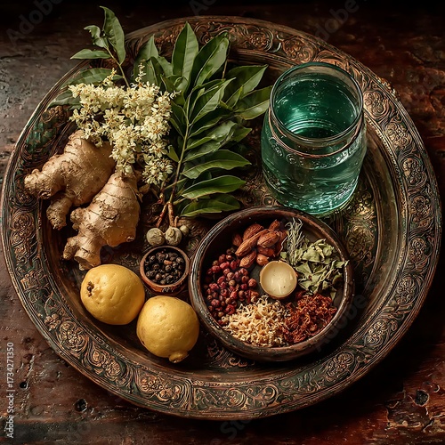 Ayurvedic medicine ingredients ginger lemon herbs water on silver tray for wellness and health concept
