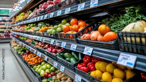Grocery shop interior with colorful fruits and vegetables neatly arranged on wooden shelves, soft daylight, supermarket background.