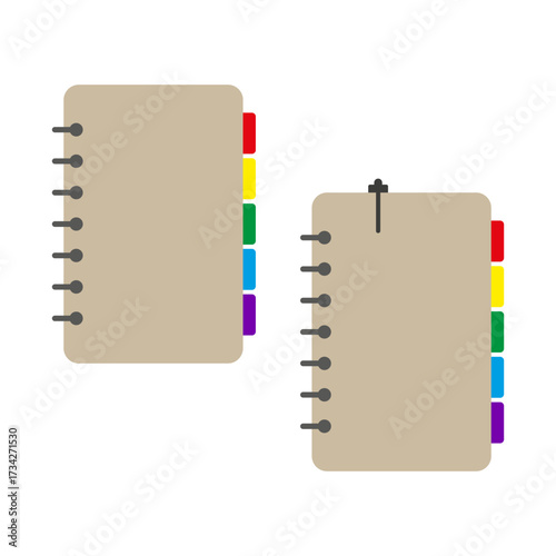 Two notebooks. Rainbow tabs design. Vector stationery illustration. Office supply elements.