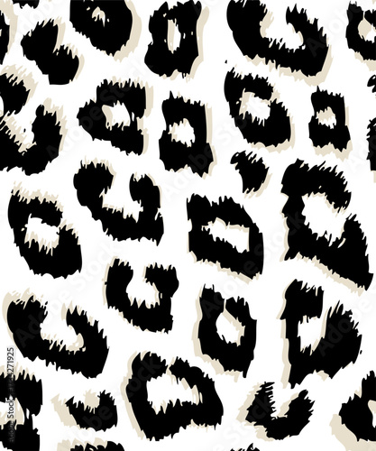 Seamless leopard print pattern. Repeating vector print with black spots with beige accents spots on a white background. Apparel textile pattern.