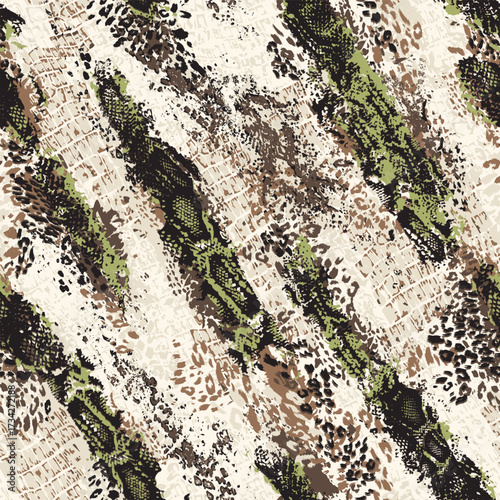 Seamless animal print pattern. Repeating vector print with a mixture of snake skin, giraffe and leopard spots with green and brown accents on a white background. Apparel textile pattern.