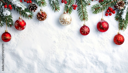 Christmas white background with snow, ornaments and decorations - christmas tree branches, baubles and red holly berries
