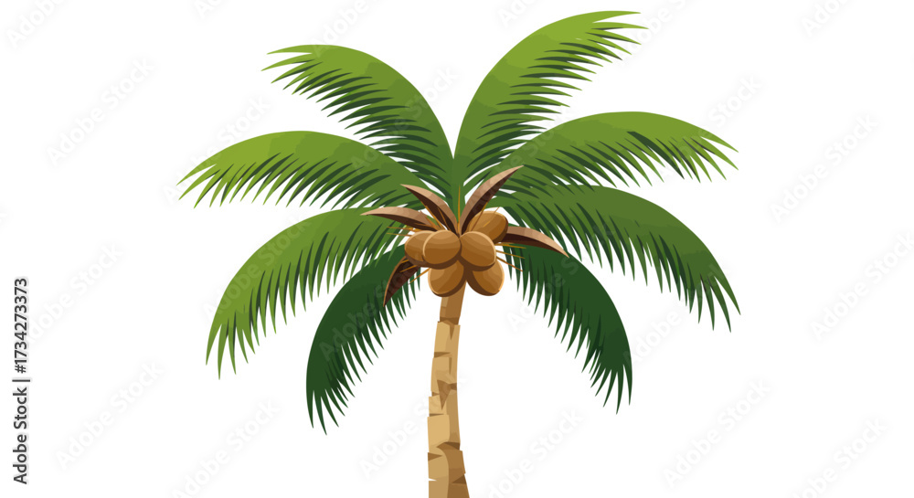 Obraz premium Vibrant Cartoon Coconut Palm Tree with Green Fronds and Brown Coconuts