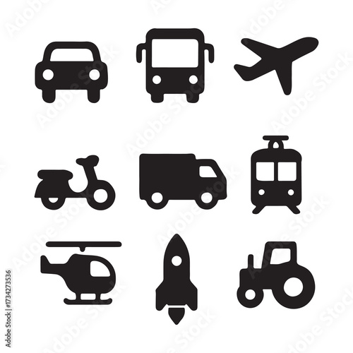 Transportation Vehicle Silhouette Icons Set for Travel and Mobility Design