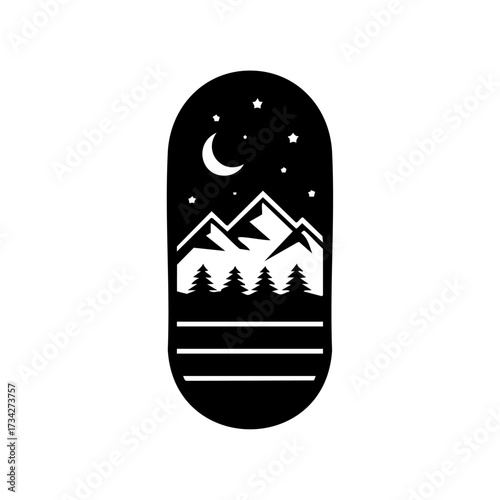 Camping emblem showing mountains, pine trees, and a night sky with stars and crescent moon, symbolizing outdoor adventures and wilderness exploration.
