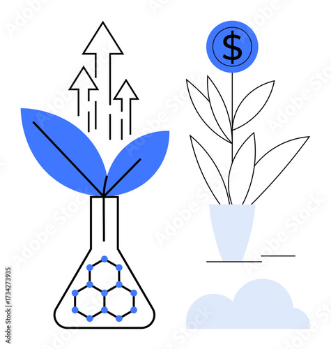 Laboratory flask with plant and molecular pattern, growth arrows, and potted plant with dollar sign. Ideal for sustainability, eco-finance, innovation, investment, research, progress and green