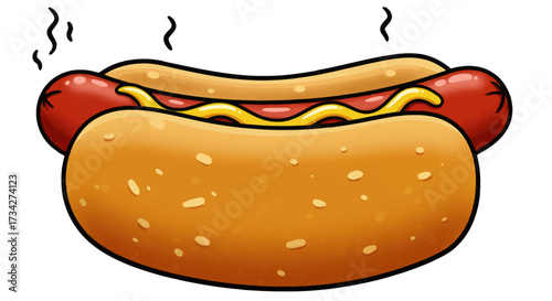 Cartoon Hot Dog with Mustard and Bun, Steaming, Fast Food Illustration