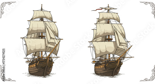 Two Vintage Wooden Sailing Ships with Full Sails