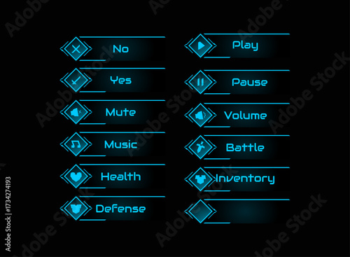 Cyberpunk Futuristic Game UI Button Pack with Neon Sci Fi HUD Elements Yes No Play Pause Music Volume Battle Health Defense Inventory Menu Interface Design