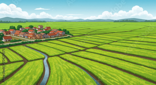 Lush green rice paddies surround a quaint village under a blue sky.