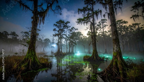 Mystical swamp at night with fog and trees