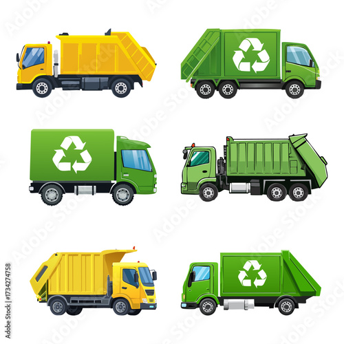 Collection of different types of garbage trucks and recycling transport vehicles in yellow and green isolated