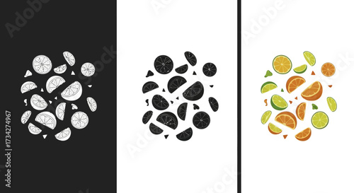 Fresh Citrus Fruit Vector Illustration Set with Orange and Lime Slices in a Textured Block Print Style