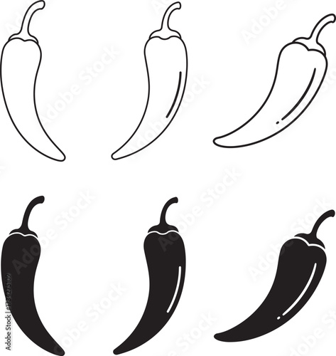 Set of six hand drawn chili pepper illustrations in outline and silhouette styles