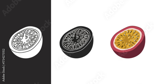 Passion Fruit Vector Illustration Set with Colorful and Monochrome Half Cut Fruit Icons for Healthy Food Design