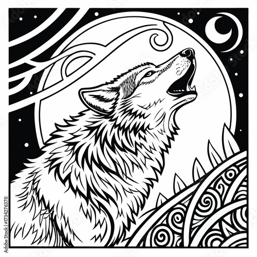 Detailed Wolf Illustration with Abstract Tribal Patterns – Black and White Coloring Book Design