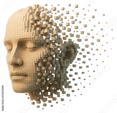 3D rendering of a human face dissolving into small cubes on a white background head isolated on a transparent background