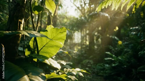 Slow Dolly Shot Through Dense Tropical Jungle Foliage with Sun Dapples and Shallow Depth of Field serene, canopy, peaceful