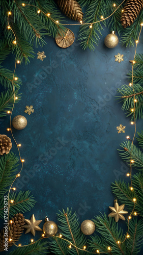 Festive Christmas border with fir branches, glowing lights, golden baubles, and pinecones on a dark blue background.