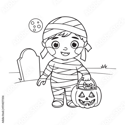 A Child Mummy Costume with Pumpkin Bucket under Moonlit Graveyard Scene Silhouette Design.