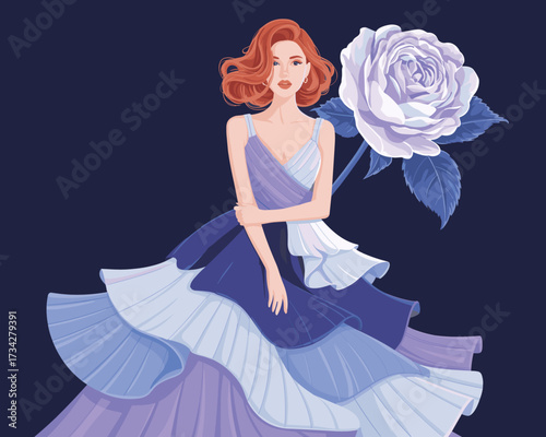 Elegant woman in flowing dress holding a large rose against dark background