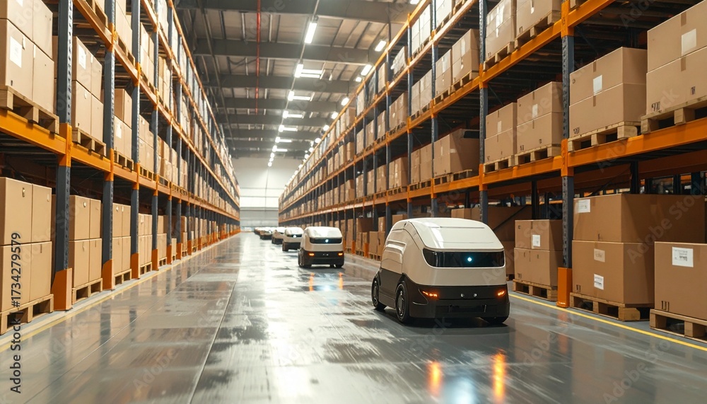 Fototapeta premium Autonomous Mobile Robots Navigating a Modern Warehouse Aisle.