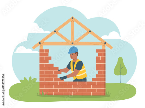 Construction worker laying bricks to build a house with wooden roof structure