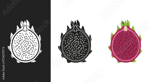 Dragon Fruit Vector Icon Set Illustration of Sliced Pitaya in Color and Monochrome