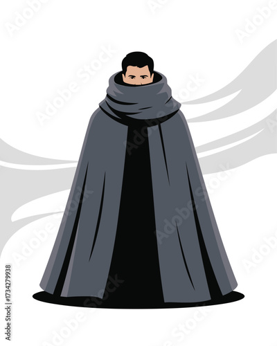 Mysterious figure shrouded in a dark cloak, with a powerful, stoic gaze