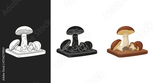 Edible Porcini Mushroom Vector Icon Set with Realistic Color and Silhouette Styles