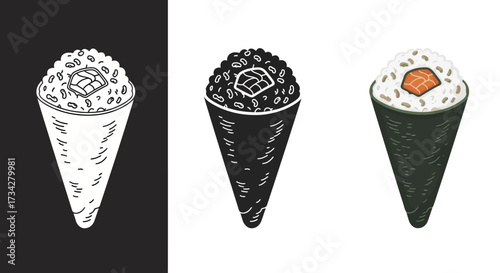 Temaki Sushi Hand Roll Vector Icon Set in Color and Monochrome Hand Drawn Styles