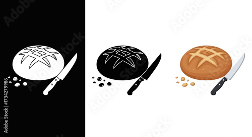 Icon Set Vector with Bread Loaf and Knife in Color Illustration and Black Silhouette Styles for Bakery and Food Design