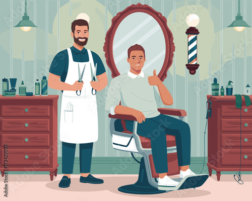 Barber with client in classic barbershop, giving a thumbs up with scissors