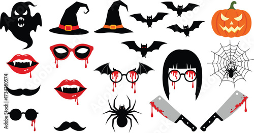 Halloween Illustrations Ghost Bats Witch Hats Vampire Lips and Bloody Props Festive Decoration Elements Party Icons
