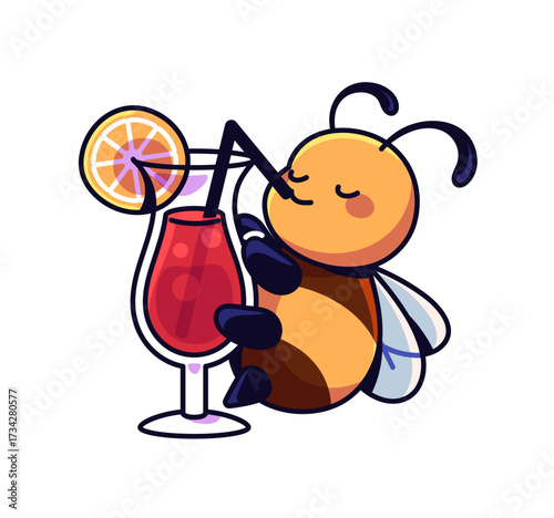 Cute honey bee drinks glass of cocktail. Funny honeybee with cup of refreshing beverage with straw. Happy bumblebee with fresh juice, lemonade. Flat isolated vector illustration on white background.