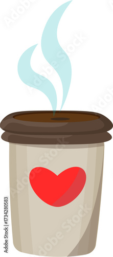 Vector Coffee Cup with Stained Glass Heart and Steam.This graphic is perfect for themes related to love, coffee, romance, warmth, Saint Valentine's Day, or daily routines